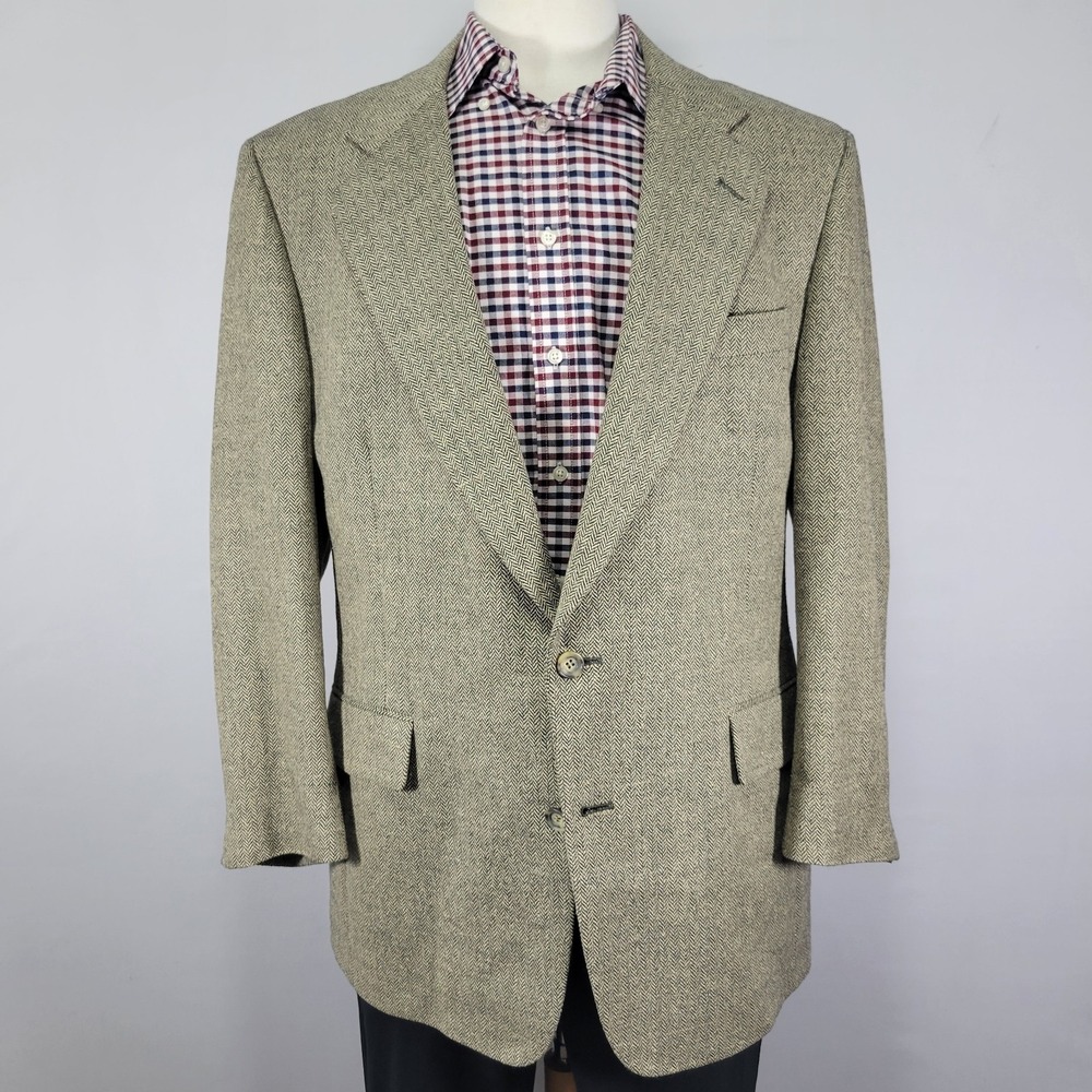 VTG JOS A BANK Mens Sport Coat Blazer KENT Beige Herringbone Linen Silk Wool 44R